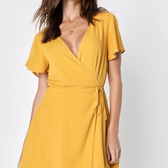 Lulus | Dresses | Lulus Gold Flutter Sleeve Wrap Midi Dress | Poshmark
